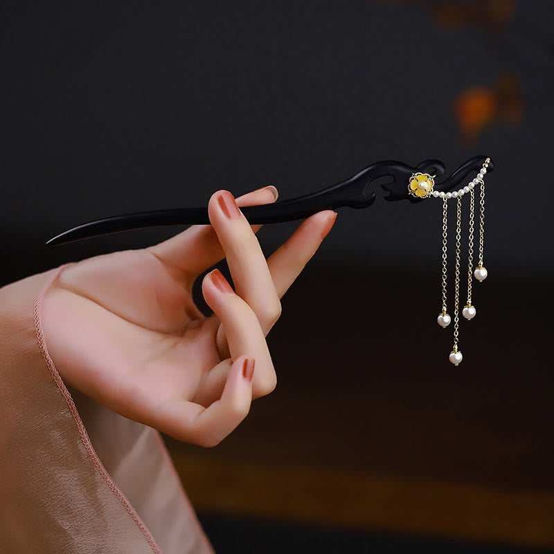 Buddha Stones Ebony Wood Yellow Flower Pearl Tassels Hairpin - Ebony Wood(Balance♥Calm) - image 0