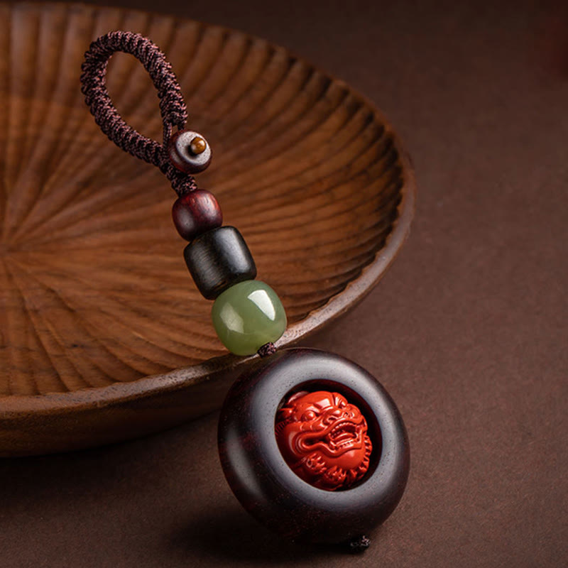 Buddha Stones Tibet Om Mani Padme Hum PiXiu Copper Coin Small Leaf Red Sandalwood Cinnabar Protection Key Chain - image 12