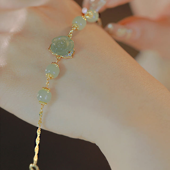 Buddha Stones 14K Gold Plated Hetian Jade Rose Flower Luck Chain Bracelet - image 2