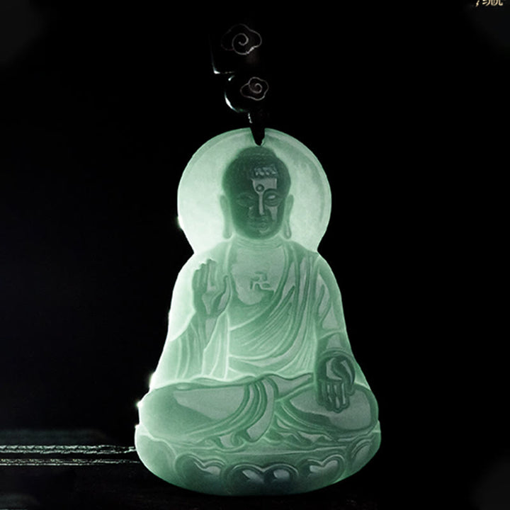 Buddha Stones Amitabha Buddha Natural Jade Lotus Amulet Compassion String Necklace Pendant - image 7