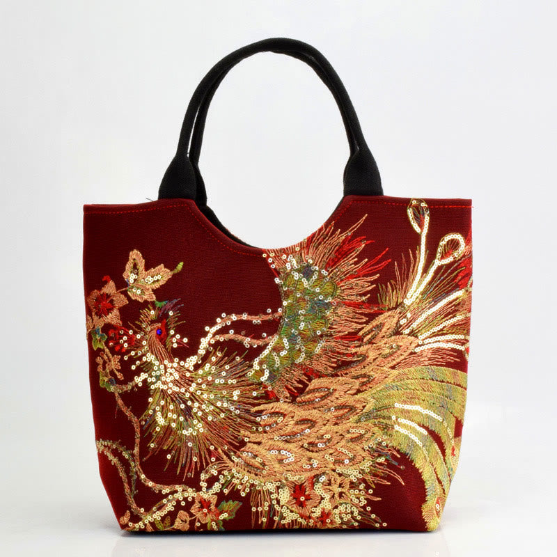 Buddha Stones Peacock Double-sided Embroidery Tote Bag Shoulder Bag Crossbody Bag - Wine Red Peacock - Simple Tote Bag - image 18