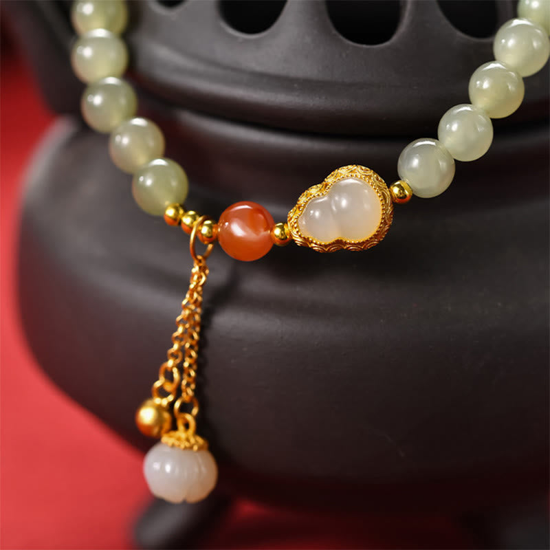 Buddha Stones 925 Sterling Silver Hetian Jade Gourd Lotus Abundance Luck Bracelet - image 2