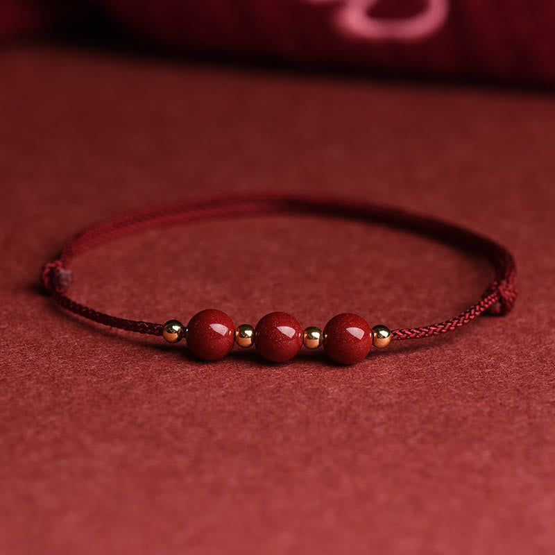 Buddha Stones Natural Lucky Cinnabar Bead Blessing String Bracelet Anklet - Three Cinnabar Bead - Dark Red - Bracelet(Wrist Circumference 14-18cm) - image 14