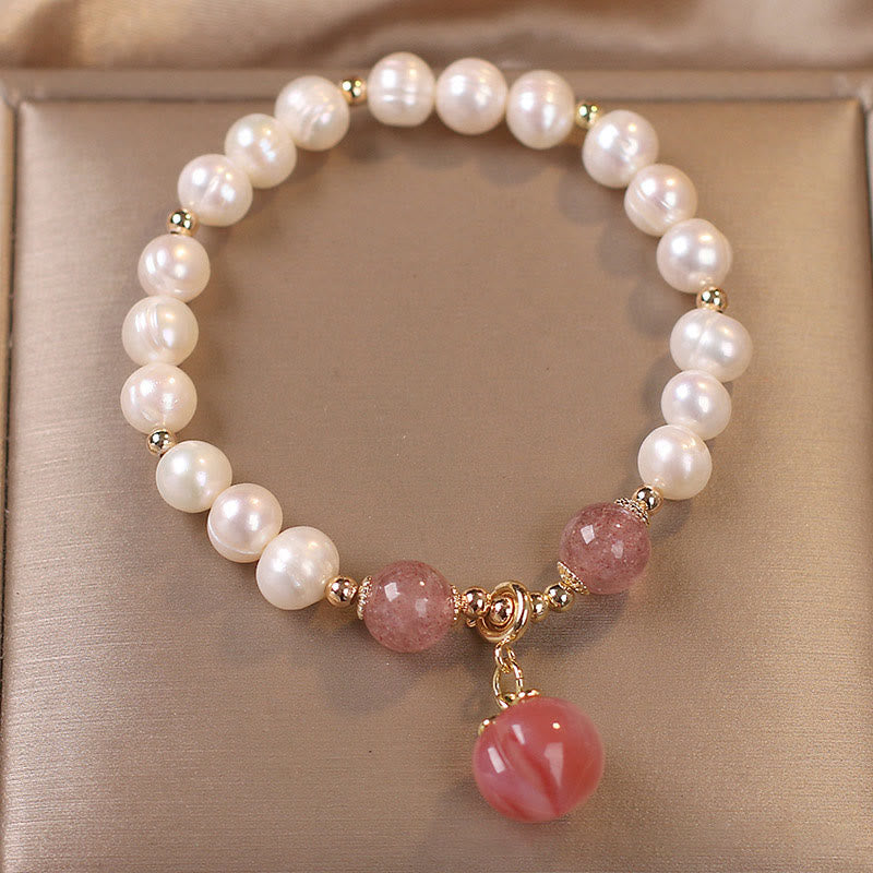 Buddha Stones Natural Pearl Strawberry Quartz Peach Love Heart Wisdom Charm Bracelet - image 1