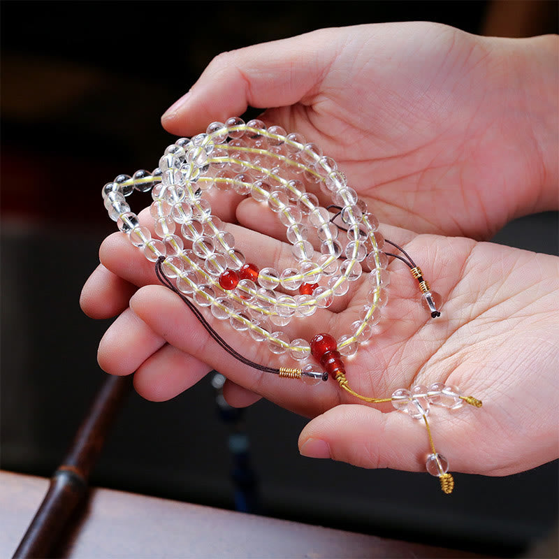 Buddha Stones 108 Mala Beads 925 Sterling Silver Natural White Agate Red Agate Quadruple Wrap Protection Bracelet - White Agate&Red Agate - image 0