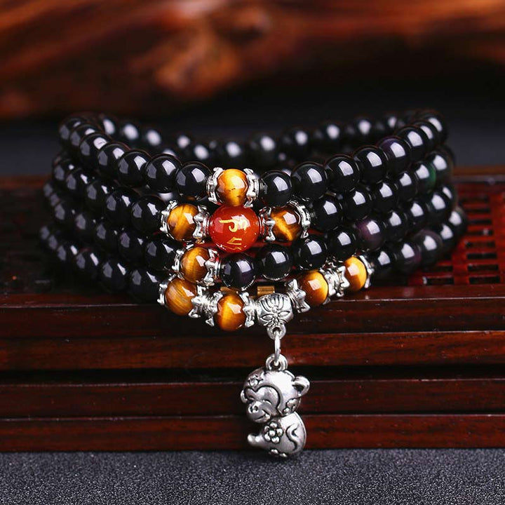 Chinese Zodiac 108 Beads Black Obsidian Tiger Eye Fortune Mala Bracelet - Black Obsidian&Tiger Eye - Monkey - image 0
