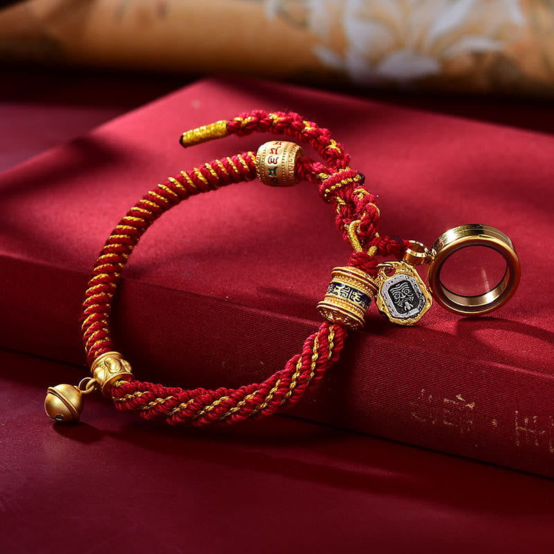 Buddha Stones Tibetan Om Mani Padme Hum Carved Zakiram Goddess of Wealth Charm Amulet Bracelet - Red Gold&Ghau Prayer Box(Wrist Circumference 14-20cm) - image 6