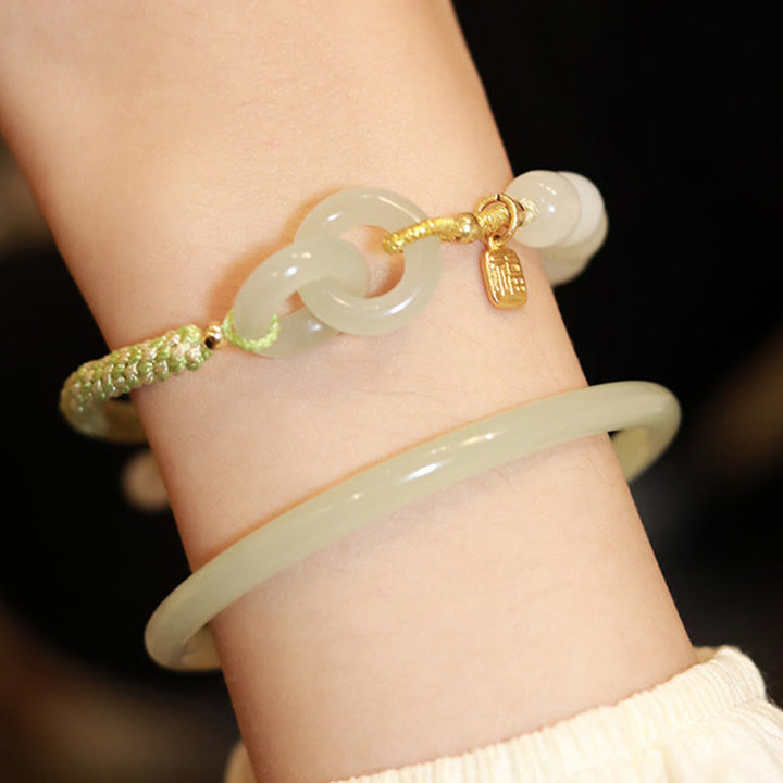 Buddha Stones Natural Hetian Jade Bead Double Peace Buckle Fu Character Abundance Braided Bracelet - image 6