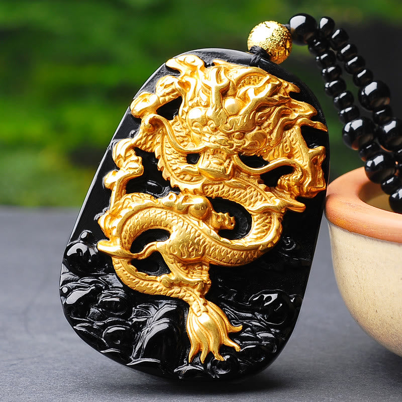 Buddha Stones 18k Gold-plated Dragon Obsidian Lucky Pendant Necklace - image 1