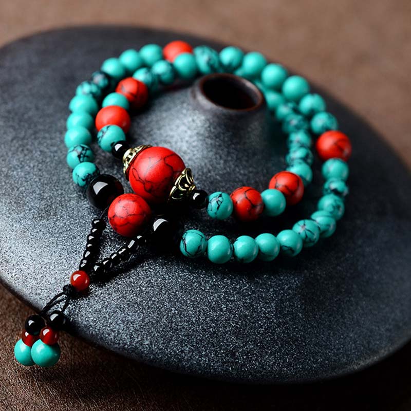 Buddha Stones Turquoise Black Onyx Red Turquoise Bead Protection Bracelet - Turquoise Bracelet - image 0