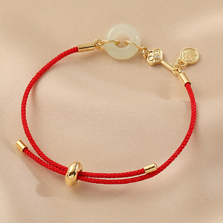 Buddha Stones 18K Gold Plated Hetian Jade Peace Buckle Fu Character Luck Red Rope Bracelet - image 7
