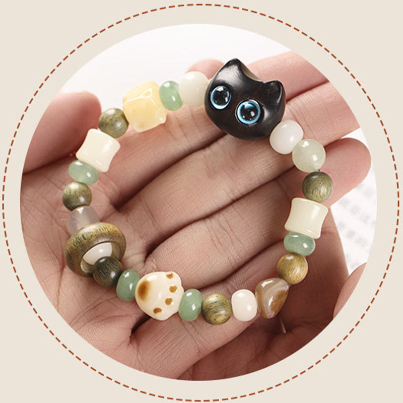 Buddha Stones Bodhi Seed Green Sandalwood Ebony Wood Small Leaf Red Sandalwood Cat Head Paw Claw Peace Bracelet - image 5