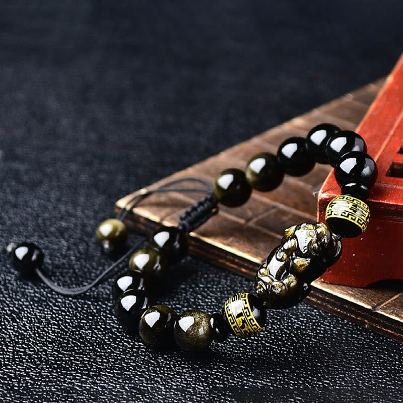 Buddha Stones Natural Gold Sheen Obsidian PiXiu Om Mani Padme Hum Wealth Braided Bracelet - image 2