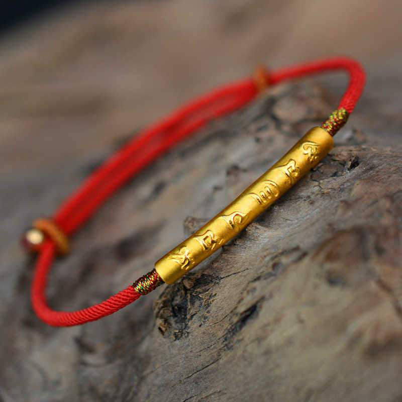 Buddha Stones Tibetan Buddhist Handmade Mani Mantra Lucky Red String Bracelet - Sterling Silver Gilded(Wrist Circumference 13-21cm) - image 0