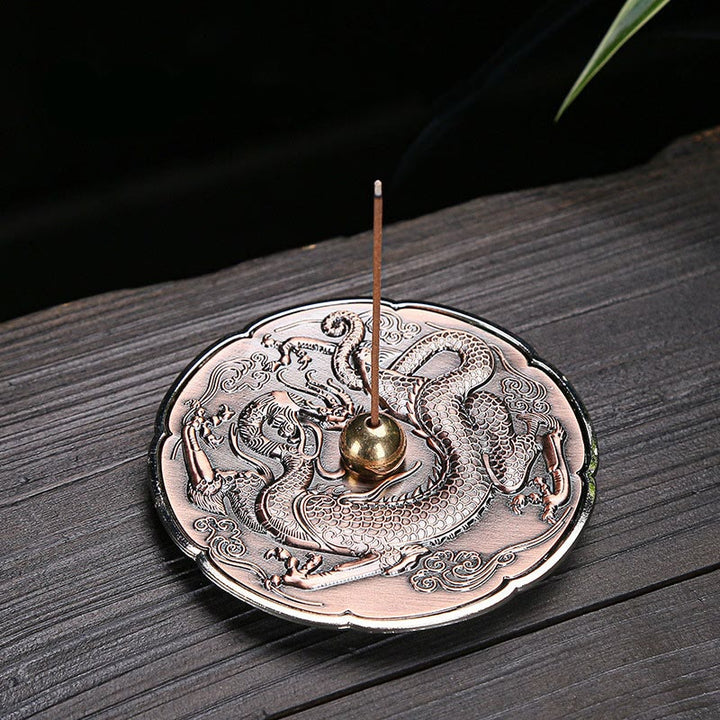 Buddha Stones Round Auspicious Dragon Protection Copper Alloy Stick Incense Burner Decoration - Brown Dragon 9.2*1.2cm - image 1