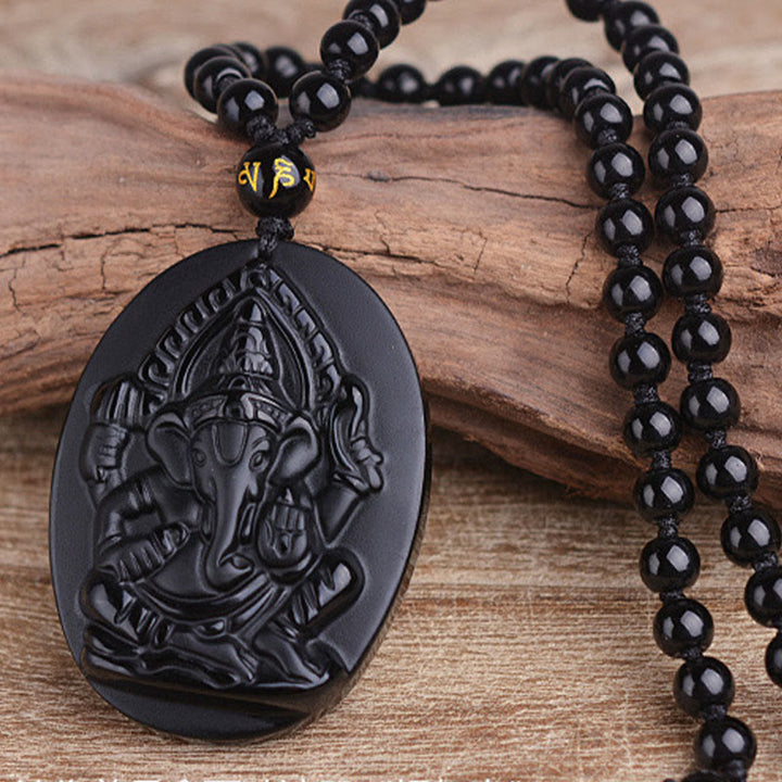 Buddha Stones Tibetan Obsidian Ganesh Ganpati Elephant Wealth Amulet Necklace - image 2
