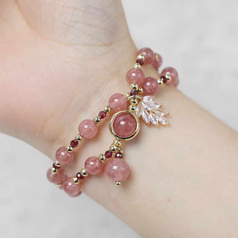Buddha Stones Natural Strawberry Quartz Love Healing Maple Leaf Charm Double Wrap Bracelet - image 7