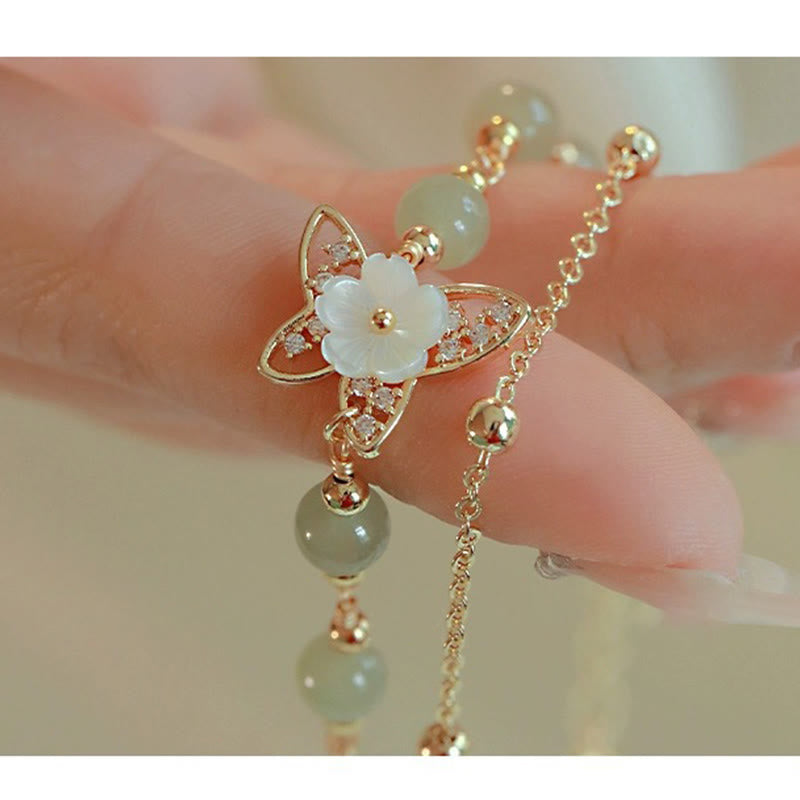 Buddha Stones 14K Gold Plated Jade Butterfly Tridacna Stone Flower Double Layer Luck Bracelet - image 9
