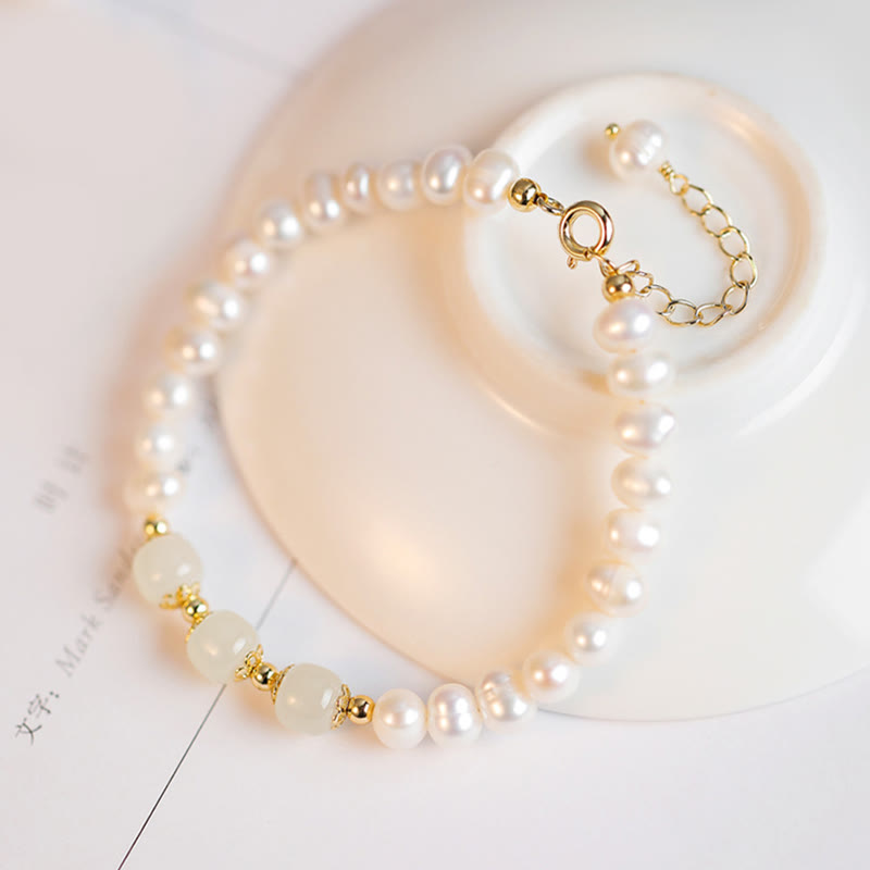 Buddha Stones 14K Gold Plated Natural Pearl Hetian Cyan Jade White Jade Sincerity Bead Chain Bracelet - White Jade( Protection♥Happiness) - image 11
