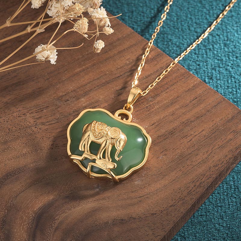 Buddha Stones Natural Jade Elephant Healing Necklace Pendant - image 1