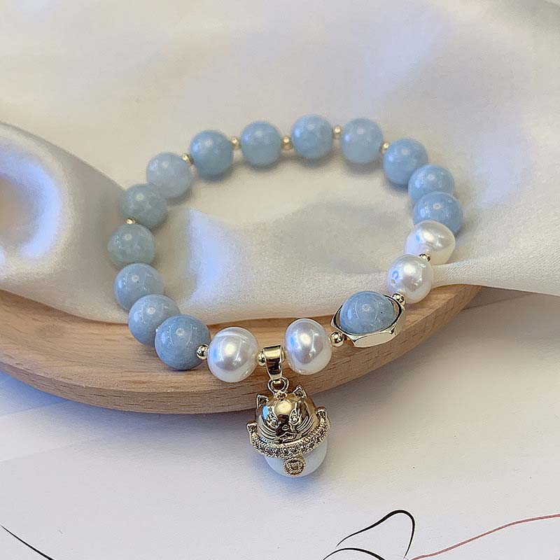 Buddha Stones Aquamarine Pearl Peace Healing Lucky Cat Charm Bracelet - image 4