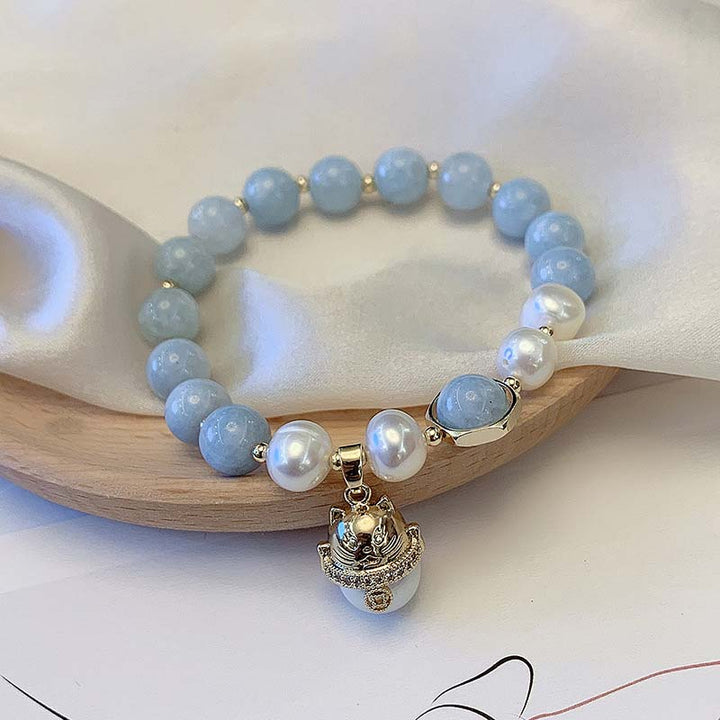 Buddha Stones Aquamarine Pearl Peace Healing Lucky Cat Charm Bracelet - image 4