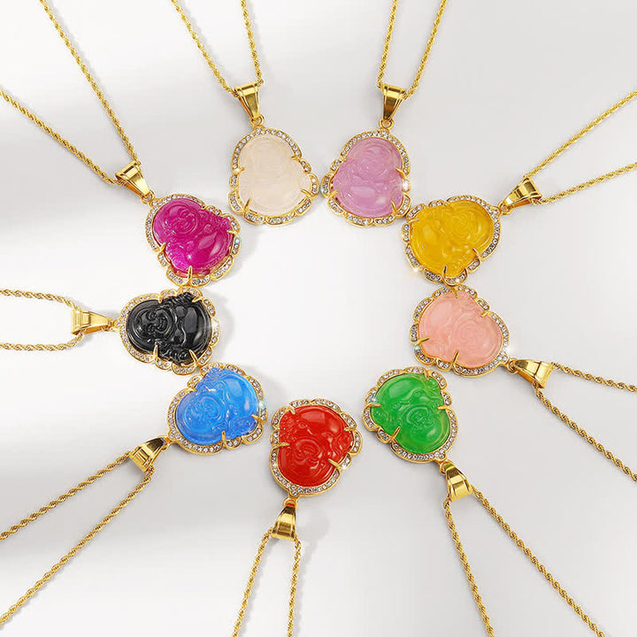 Buddha Stones 18K Gold Filled Laughing Buddha Jade Luck Necklace Chain Pendant - image 4