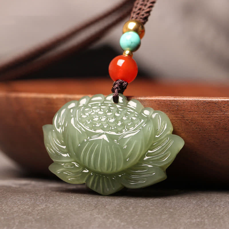 Buddha Stones Hetian Cyan Jade Lotus Flower Success Necklace Pendant - image 1