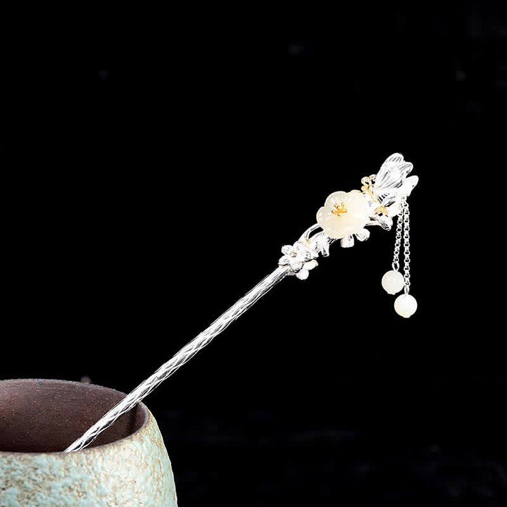 Buddha Stones 925 Sterling Silver Hetian White Jade Flower Blessing Hairpin - Hetian White Jade ( Protection ♥ Happiness) - image 0