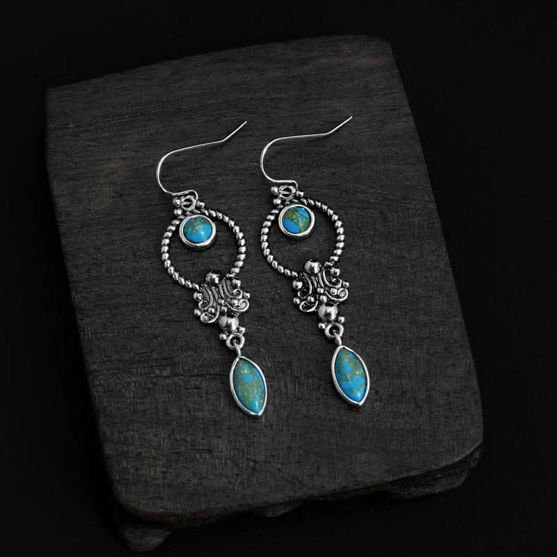 Buddha Stones 925 Sterling Silver Hook Vintage Copper Plated Silver Turquoise Waterdrop Pattern Balance Drop Dangle Earrings - Copper Plated Silver Turquoise Earrings(925 Sterling Silver Hook) - image 4