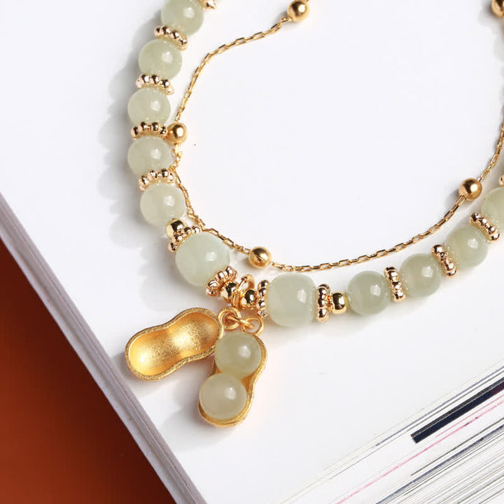 Buddha Stones 925 Sterling Silver Natural Hetian Jade Good Things Happen Peanut Charm Bracelet - image 2
