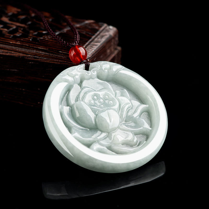 Buddha Stones Natural Jade Lotus Flower Carved Prosperity Necklace Pendant - image 2