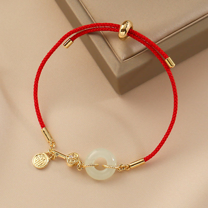 Buddha Stones 18K Gold Plated Hetian Jade Peace Buckle Fu Character Luck Red Rope Bracelet - image 6