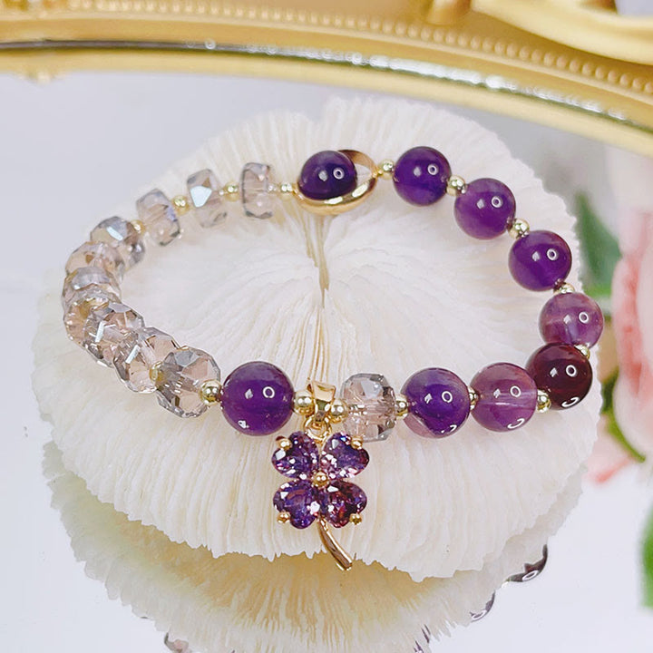 Buddha Stones Amethyst Crystal Four Leaf Clover Healing Charm Bracelet - Amethyst(Inner Peace♥Healing) - image 0