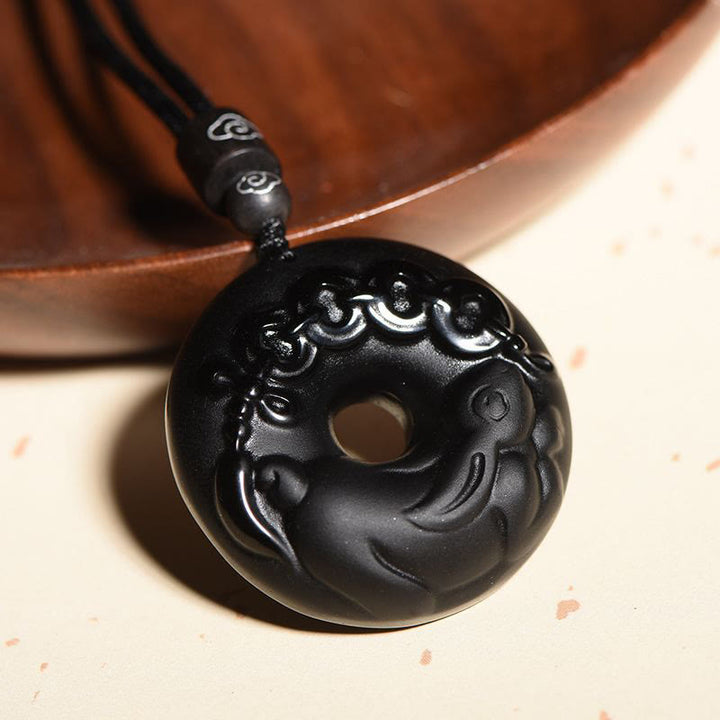 Buddha Stones Chinese Zodiac Natural Black Obsidian Peace Buckle Strength Necklace Pendant - image 2
