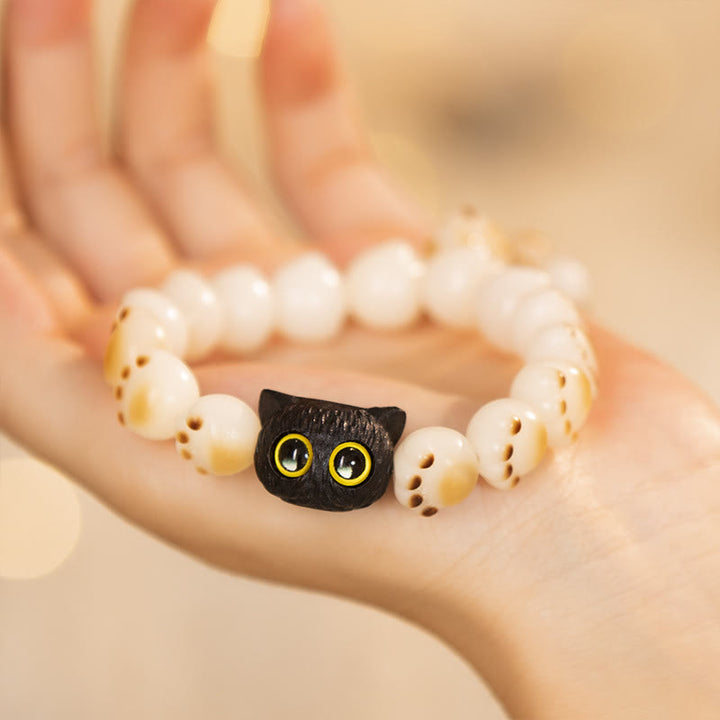 Buddha Stones Natural Bodhi Seed Red Sandalwood Lovely Paw Lucky Cat Peace Bracelet - Bodhi Seed&Cat (Wrist Circumference 14-16cm) - image 0