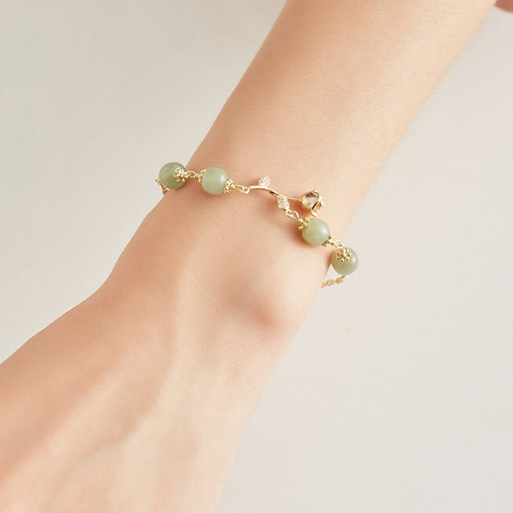 Buddha Stones 14K Gold Plated Hetian Jade Golden Rose Flower Luck Chain Bracelet - image 9