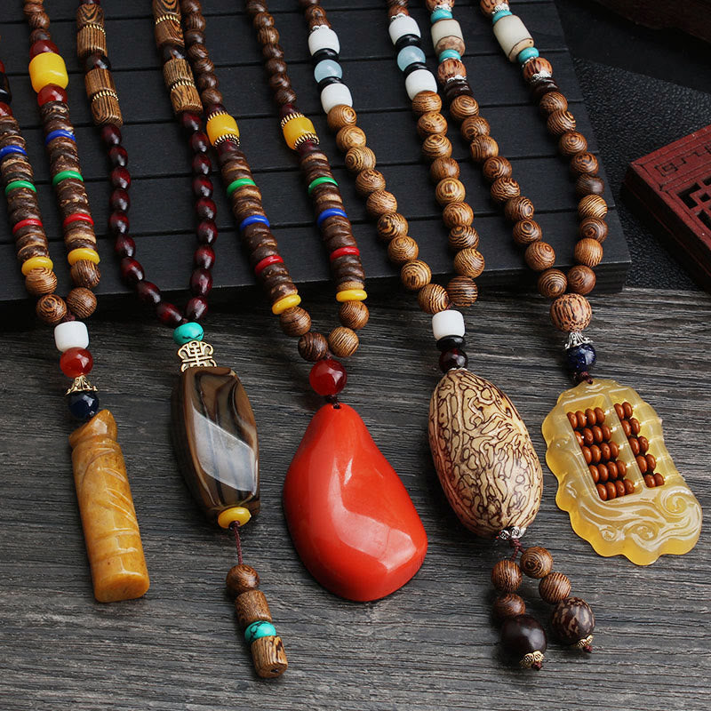 Buddha Stones Tibetan Wenge Wood Bodhi Seed Agate Balance Peace Necklace Pendant - image 0