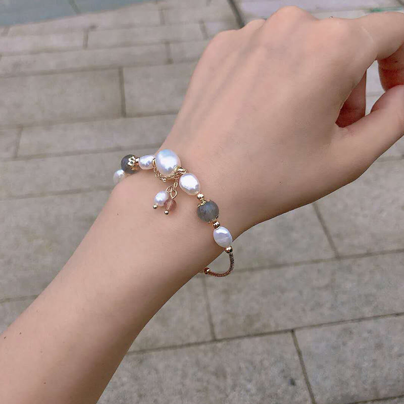 Buddha Stones Pearl Moonstone Strawberry Quartz Bead Optimism Bracelet - image 6