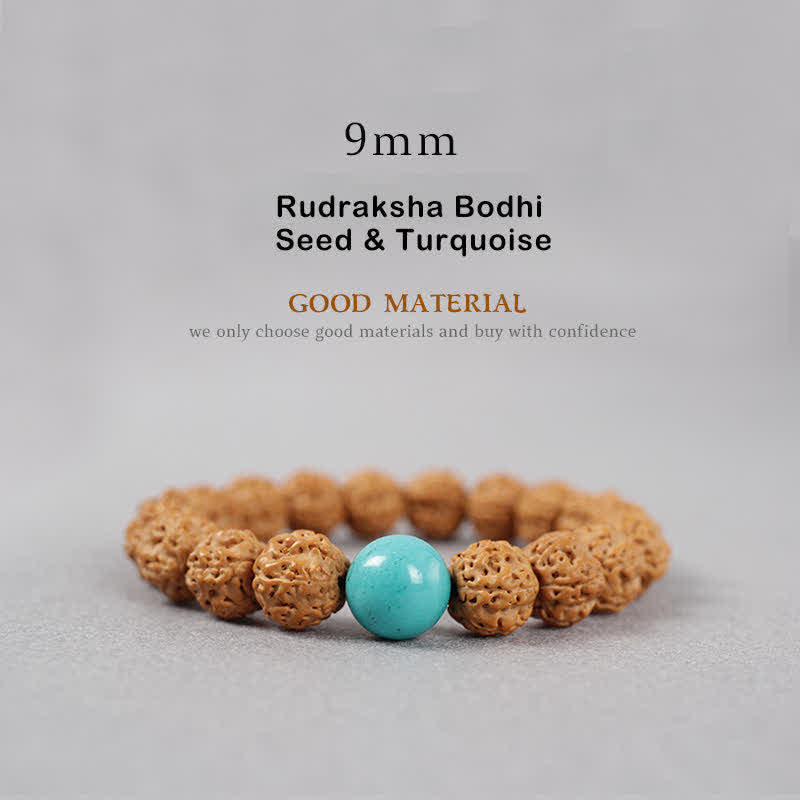 Buddha Stones Tibet Rudraksha Bodhi Seed Dzi Bead Amber Turquoise Wealth Bracelet - 9mm - Rudraksha Bodhi Seed & Turquoise - image 6