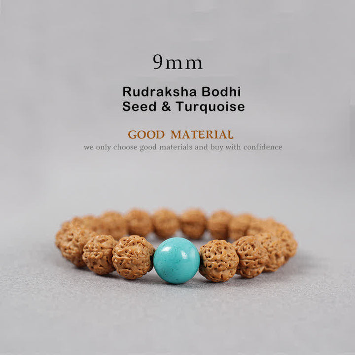 Buddha Stones Tibet Rudraksha Bodhi Seed Dzi Bead Amber Turquoise Wealth Bracelet - 9mm - Rudraksha Bodhi Seed & Turquoise - image 6