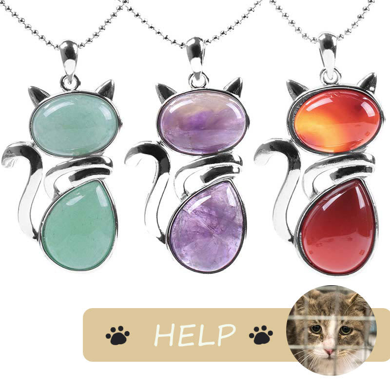 "Save A Cat" Cute Cat Pattern Natural Crystal Protection Cat-Loving Pendant Necklace - image 1