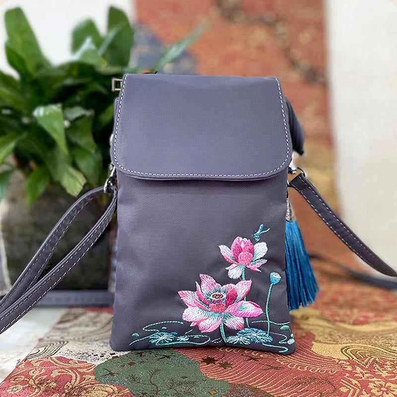 Buddha Stones Waterproof Handmade Embroidered Lotus Flowers Crossbody Bag Shoulder Bag Cellphone Bag - image 24