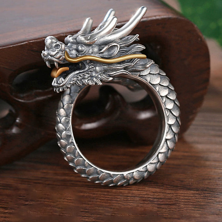 Buddha Stones 925 Sterling Silver Vintage Dragon Design Protection Strength Adjustable Ring - image 10