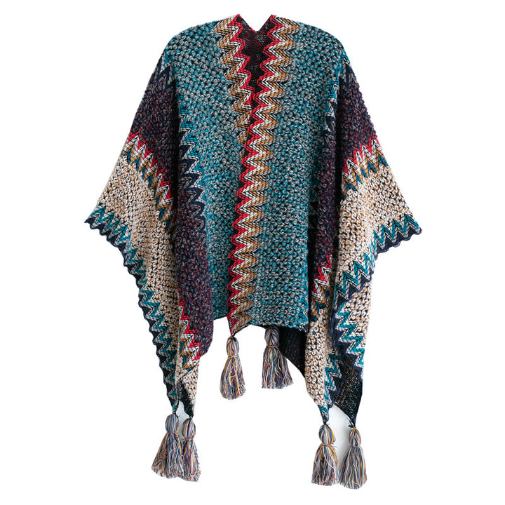 Buddha Stones Tibetan Shawl Blue Beige Red Wavy Pattern Winter Warm Tassel Scarf - image 11