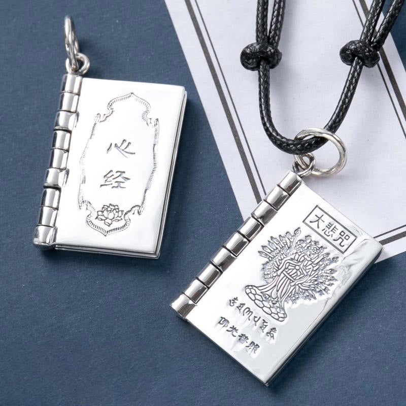 Buddha Stones 990 Sterling Silver Heart Sutra Great Compassion Shurangama Mantra Lotus Vajra Peace Necklace Pendant - image 0