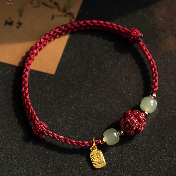 Buddha Stones Natural Cinnabar Chinese Zodiac Hetian Jade Fu Character Luck Rope Bracelet - image 13