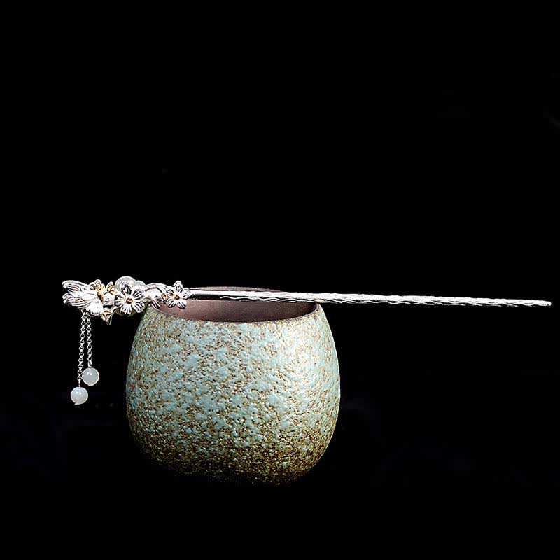 Buddha Stones 925 Sterling Silver Hetian White Jade Flower Blessing Hairpin - image 16