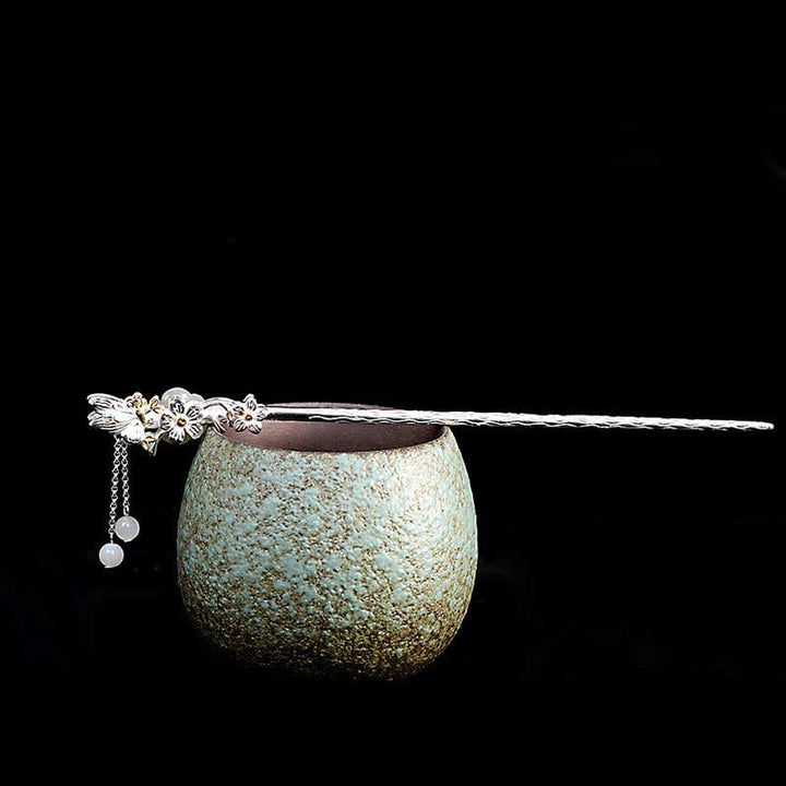 Buddha Stones 925 Sterling Silver Hetian White Jade Flower Blessing Hairpin - image 16