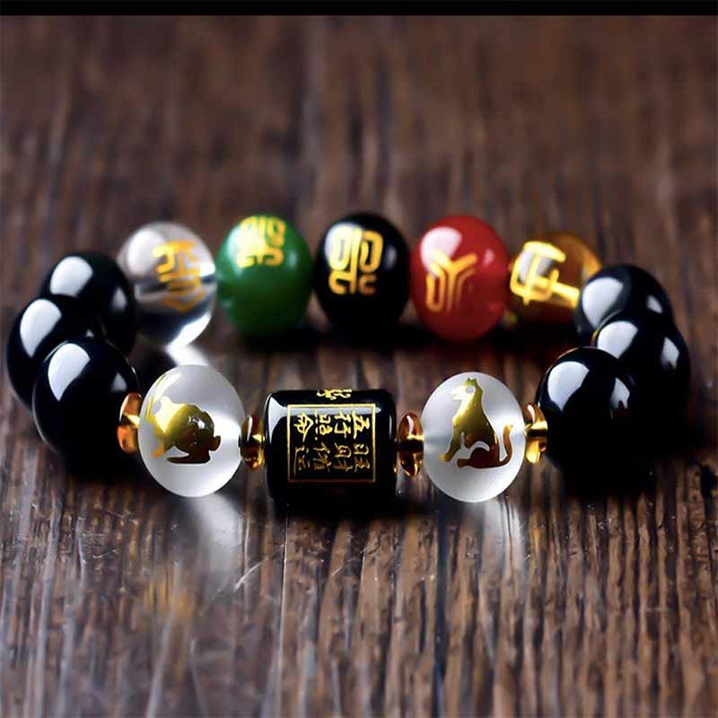 Buddha Stones Chinese Zodiac Feng Shui Obsidian Five-Element Wealth Porsperity Bracelet - image 1